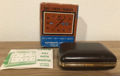 VTG Elgin “Automatic Calendar Travel Alarm” Luminous Clock w/ Box Month ...
