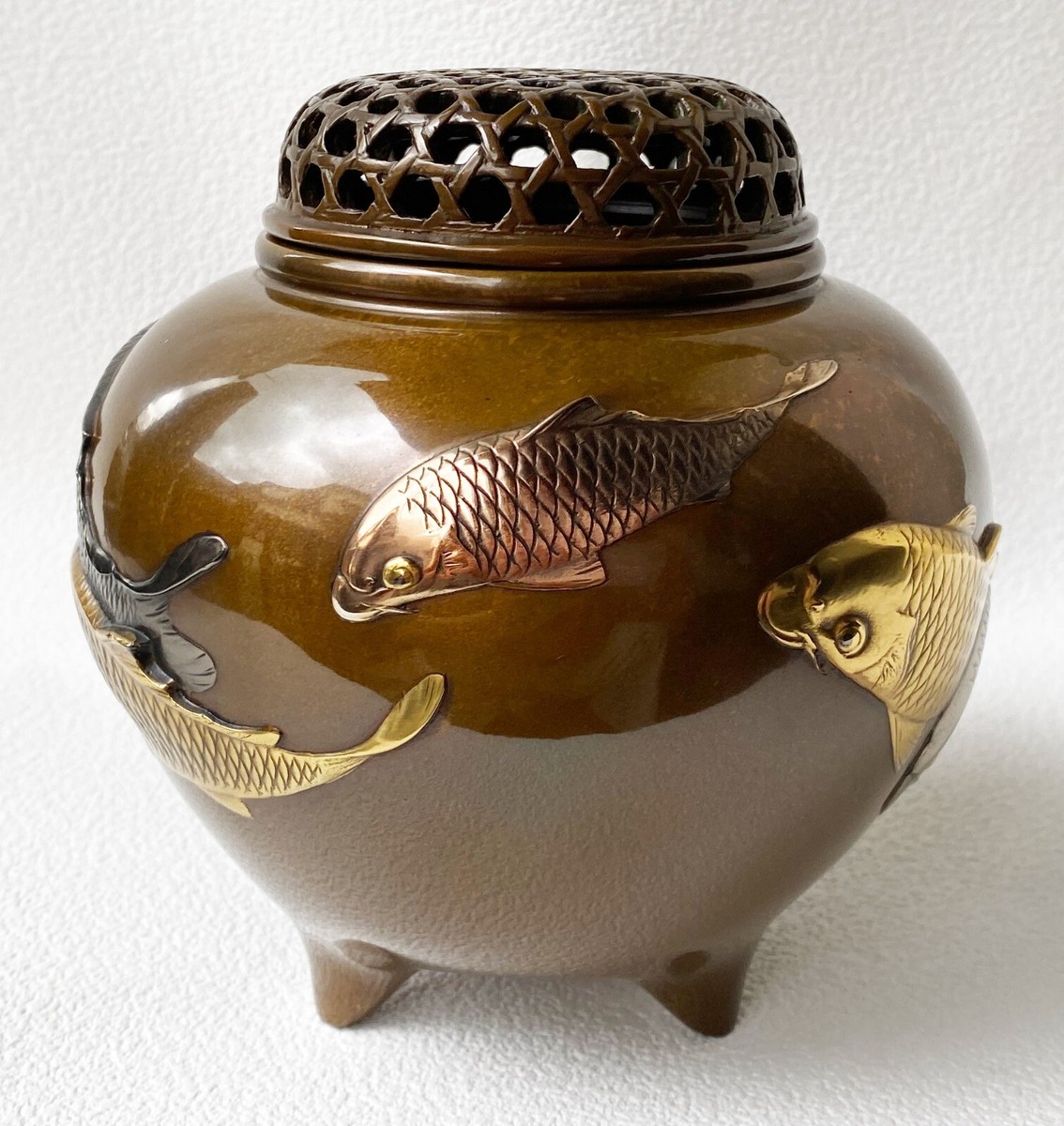 Koro Japanese Bronze Incense burner Takaoka Tamagata Koi Carp