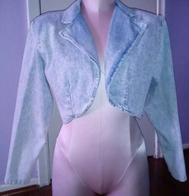 Vintage 80s Denim Acid Wahed Blue Jean Corset Lace Crop Jacket S Dirty Dancing - Image 1 of 4