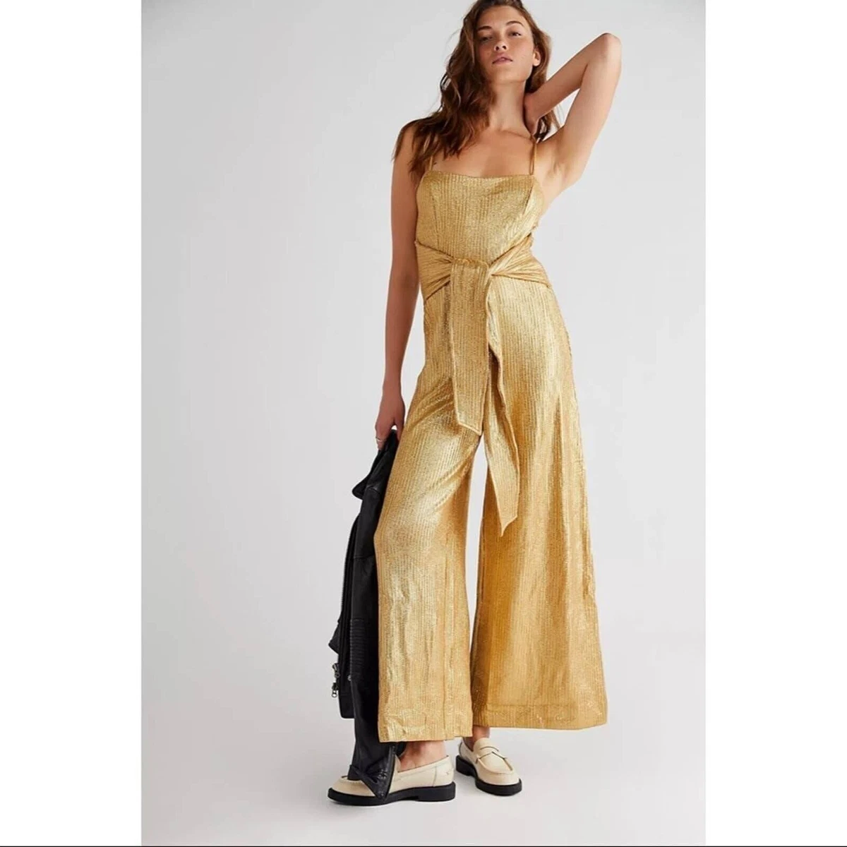 Free People Gold Shimmer and Shine Jumpsuit One Piece Belted Size