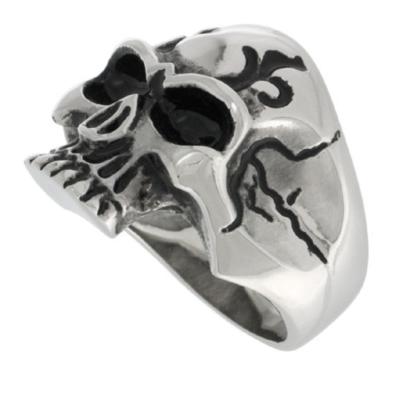 Stainless Steel Gothic Biker Skull Ring w/ Deep Cracks