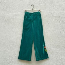 Vintage 70s Green Cotton Velvet Wide Leg Pants with Beaded Sequined Fish Small