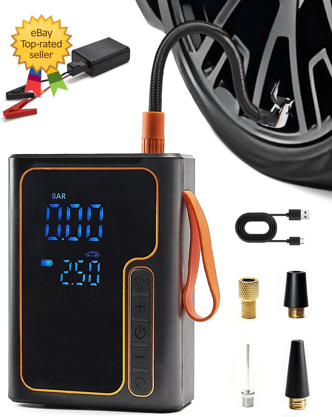 Cordless Tire Inflator and Battery Jumper Portable Air Compressor for Bike Handh