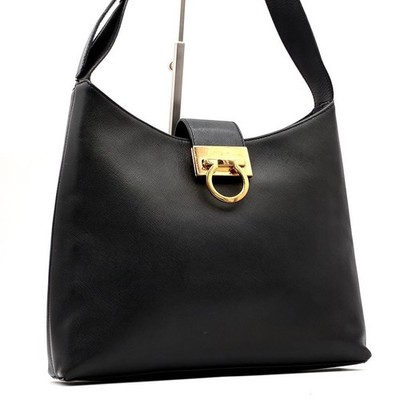 Salvatore Ferragamo Gancini Leather Shoulder Bag   Black | Gold Hardware |