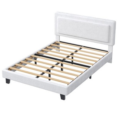 Minimalist Full Size Upholstered Bed Frame Adjustable Headboard Wood Slats Beige