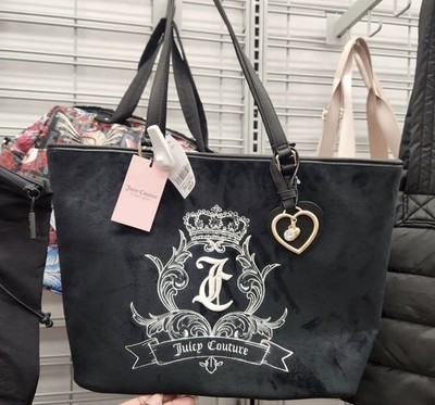 Juicy Couture Black Tote Bag Gold Heart Charm Logo Zip Lined Inner Pockets