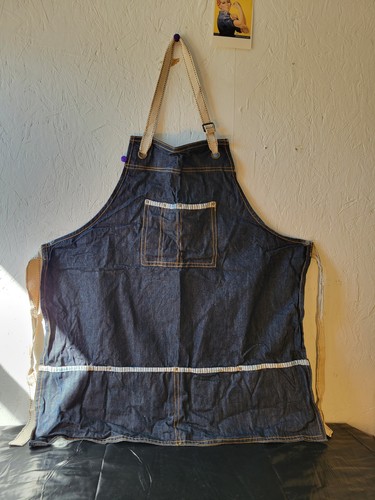 Denim Work Apron with Striped Trim, Adjustable Straps
