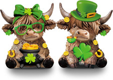 2 Pcs St. Patrick'S Day Highland Cow Figurines Irish Shamrocks Leprechaun Green