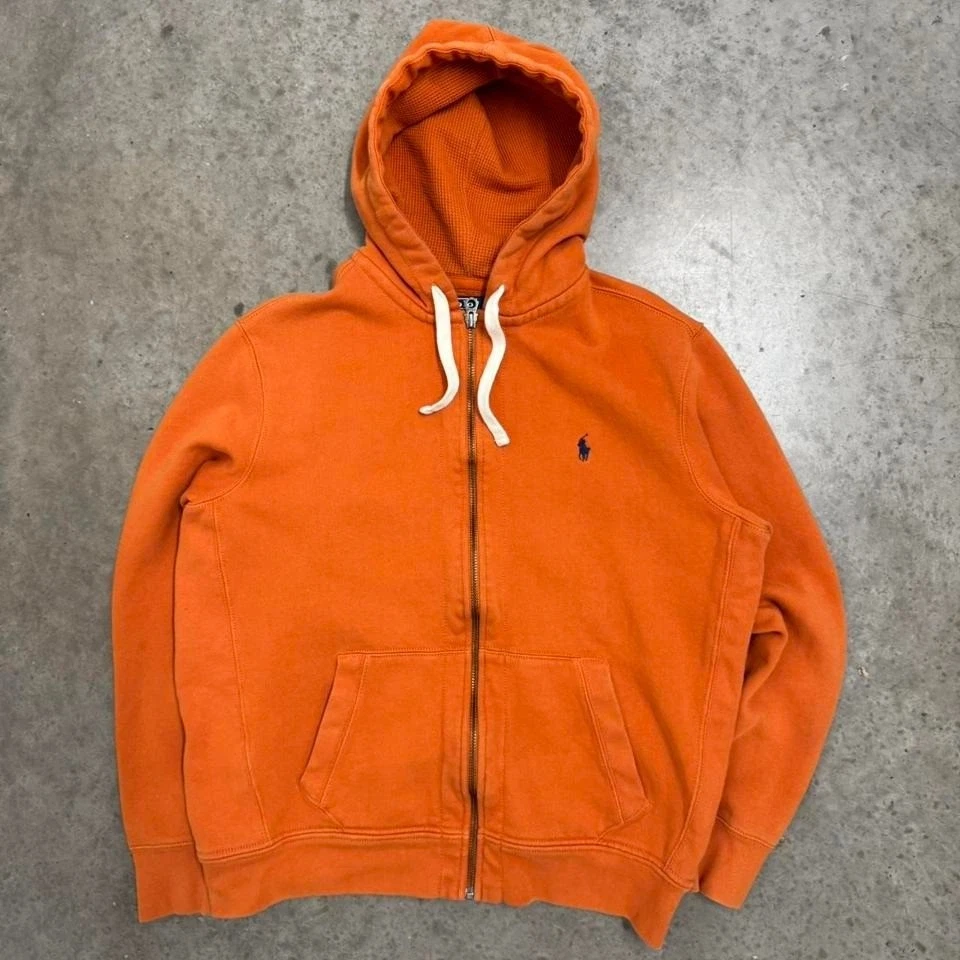 Vintage Y2K Polo Ralph Lauren Hoodie Full Zip Orange Pony Boxy Mens Large