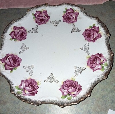 Antique 1900-1926 Crescent China Plate 10'' Pink Roses Gold Trim Some crazing