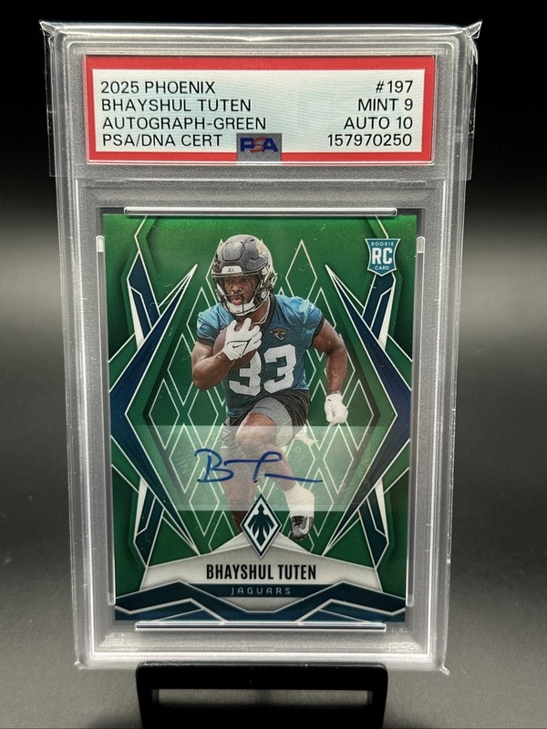 2025 Panini Phoenix Football #197 Bhayshul Tuten Green Auto RC /25 PSA 9 Auto 10