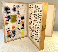 Wooden Double Decker Fly Box & 250+ Flies Wet Dry Nymphs & Lures 30 x 20 x 6 cm