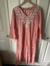 World Market Maxi Kaftan Dress One Size Coral White Beachy Coastal Resort Batak