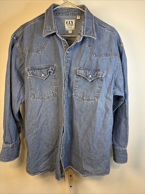 Vintage Ely Cattleman Denim Western Shirt Long Sleeve Pearl Snap Pockets Big 2X