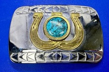 Round Faux Turquoise In Lucky Horseshoe Two Tone Western Cowboys Belt Buckle