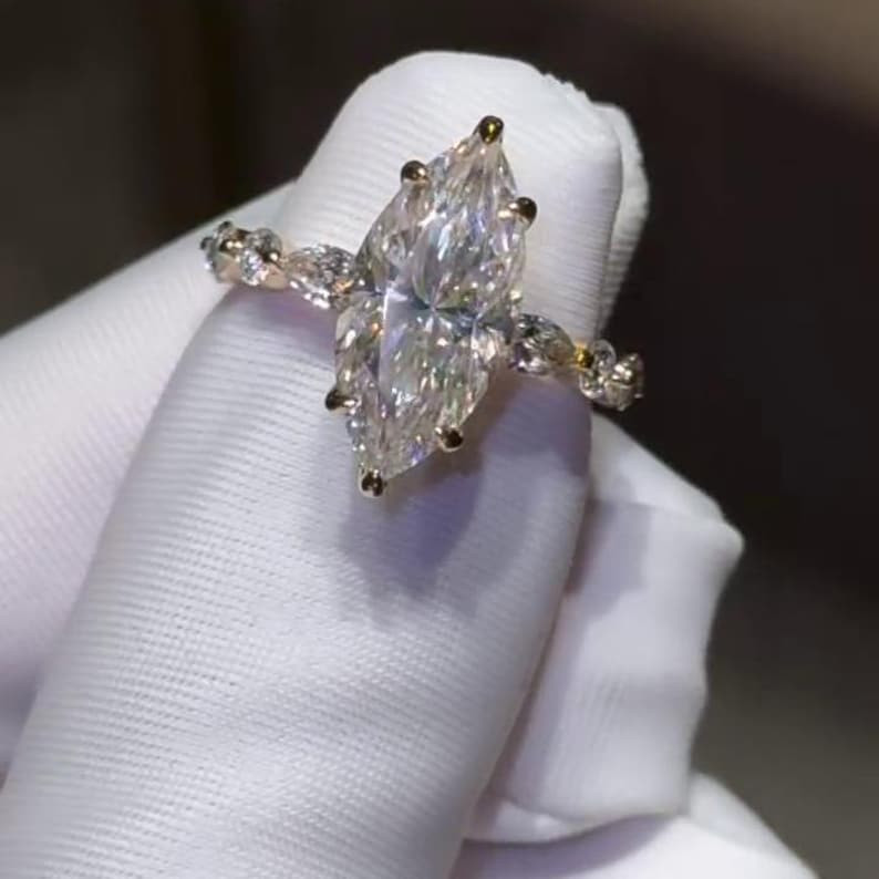4.00tcw Marquise Lab Diamond Engagement 18k gold  Ring | Hidden Halo Pave |