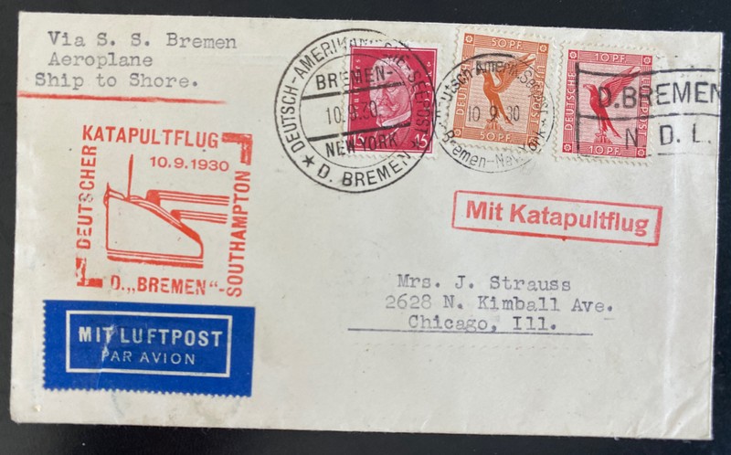 1930 Germany Catapult Ship To Shore Cover SS Bremen To Chicago IL Usa T