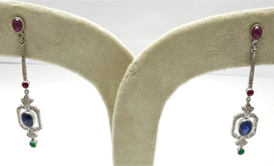 Smaragd Rubin Blauer Saphir Edelstein 925 Sterlingsilber Pave Diamant Ohrringe - Bild 3 von 4