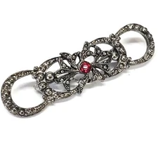 VINTAGE Victorian Revival Silver Tone Marcasite Rhinestone Brooch Pin