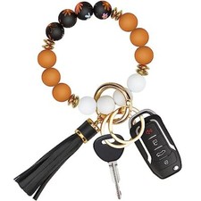 Key Ring Bracelet Car Keychain Holder Wristlet Silicone Beaded Bangle Orange