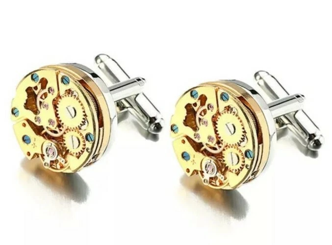 Watch Mechanical Movement Cufflinks Gold Blue Colours GIFT
