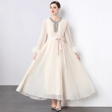 Womens Fashion Dress Crew Neck Loose A-line Long Party Belted Rhinestone Dresses