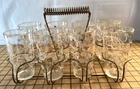 Vintage MCM 8 GOLD Hearts Glasses Tumblers W Brass Metal Rack Carrier Barware
