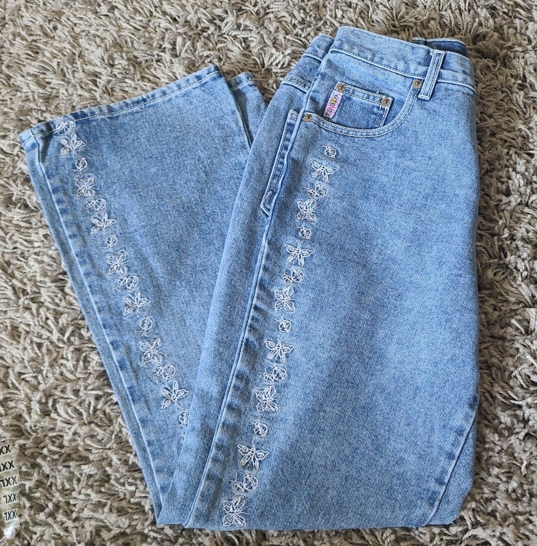 Vintage No Excuses Flare Denim With Embroidered Butterflies