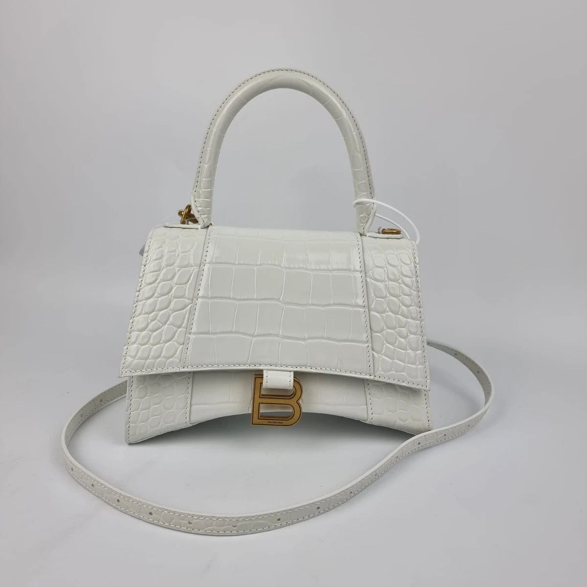 Balenciaga Women's Hourglass Small Handbag Crocodile Embossed - White