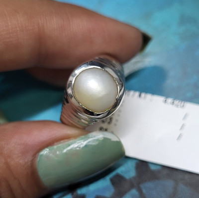 Pinky Finger SZ:5 Natural Pearl Moti Gemstone 925 Silver Band Ring Father's Day
