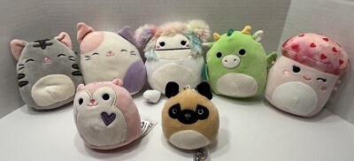 Squishmallows Lot Of 7 Small Plush 4-6  Size Pug With Clip Cats Dino Squirrel