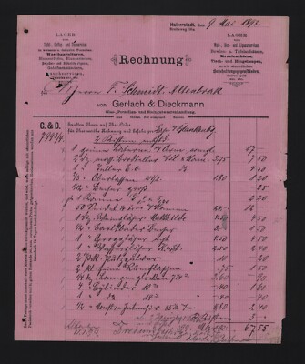 HALBERSTADT, invoice 1893, Gerlach & Dieckmann glass porcelain earthenware-Warenhan