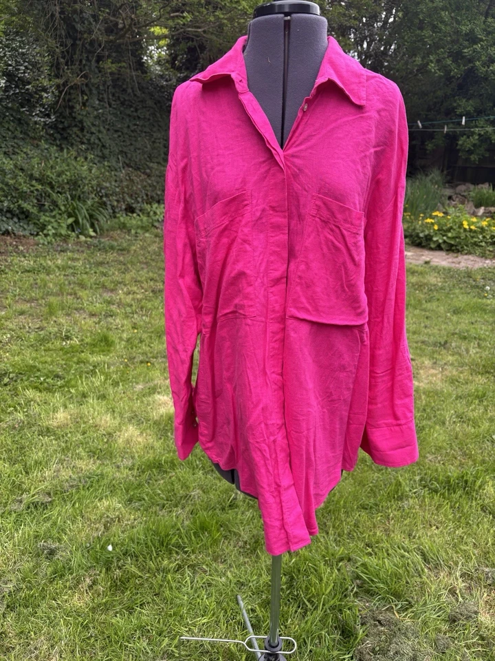 Mango 100% Linen Ladies UK 12-14 Size L oversized fuchsia pink button Top Tunic  - Image 4 of 4