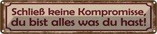 Blechschild 10x46 cm schlie&szlig; keine Kompromisse Spruch Zitat Deko Geschenk Metall
