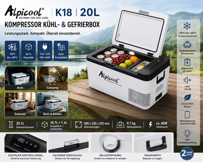 Kühlbox Kühlschrank 20L Auto Gefrierschrank ALPICOOL 12/24V Camping