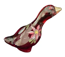 FENTON RUBY RED CHRISTMAS GOOSE WITH POINSETTIAS HP BY J. CUTSHAW 2007