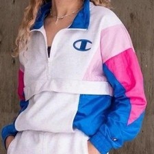 Champion Womens Small Colorblock Quarter Zip Windbreaker Jacket Blue Pink Grey