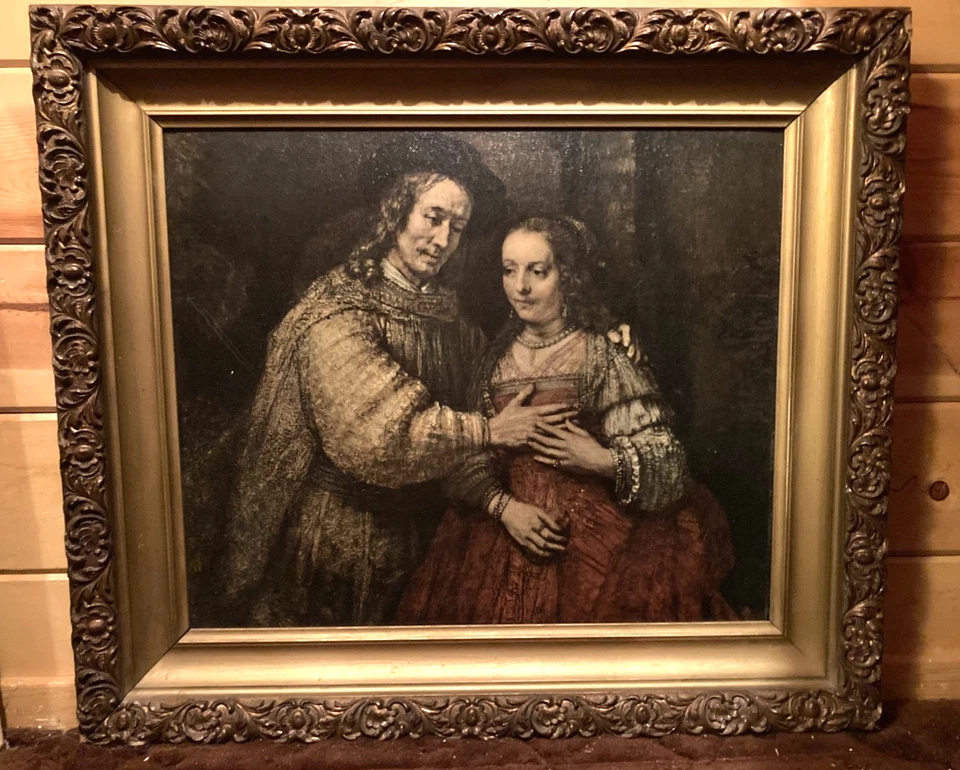 Marco de flores de madera antigua con estampado texturizado de la novia judía de Rembrandt 31" x 27,5" Foto 2 de 4