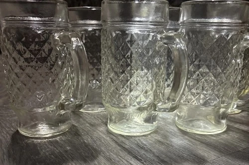Vintage Anchor Hocking Quilted Diamond Pattern Glass Tumbler W/ Handle Set of 6