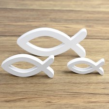 Ensemble de 6 Poissons décoratifs Blancs en Bois  décoration de Table de bapt...