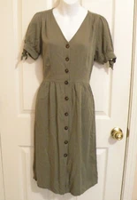 One Clothing Olive Green Knotted Short Sleeves Womens Full Buttons Dress Size S