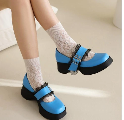 Damenschuhe Mary Janes bequeme Retro-Pumps rund geschnitten Schnalle Plateau Halbschuhe - Bild 5 von 14