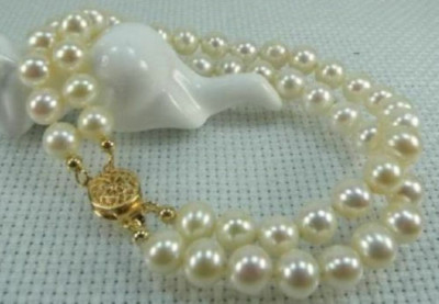 2 Strands AAA+ natural 7-7.5mm akoya white round Pearl Bracelet 7.5-8'' 14k gold