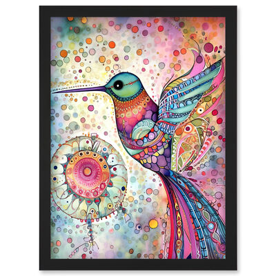 Kolibri Mandala Muster bunt Volkskunst gerahmt Wandbild Bild Druck A4