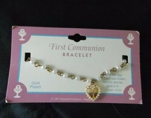 Authentic MONARCH CREATION First Communion Childs Gold Plated and Pearl Religious Bracelet