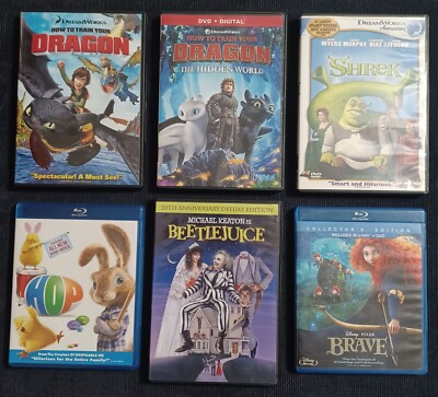 Lot Of 6 DVDs & Blu-Ray, How To Train Your Dragon, Brave, Hop, Beetlejuice, KIDS