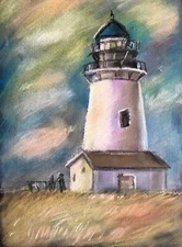Рastel рainting оriginal. Seascape coastal рainting .Landscape of Lighthouse.