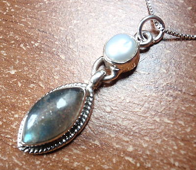 Cultured Pearl & Labradorite Necklace w/ Rope Style Accents 925 Sterling Silver 