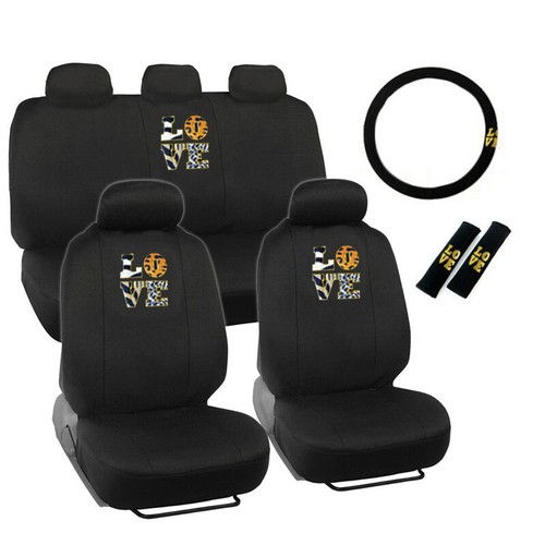 New LOVE Safari Print Black Front Back Car Seat Covers Steering Wheel