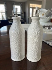 Artisan Collection White Oil & Vinegar Cruet Bottle Embossed Floral Set of 2